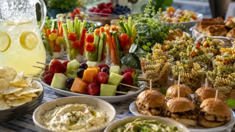 Pool party food ideas spread with fruit skewers, pasta salad cups, veggie cups, sliders, lemonade, and cold snacks