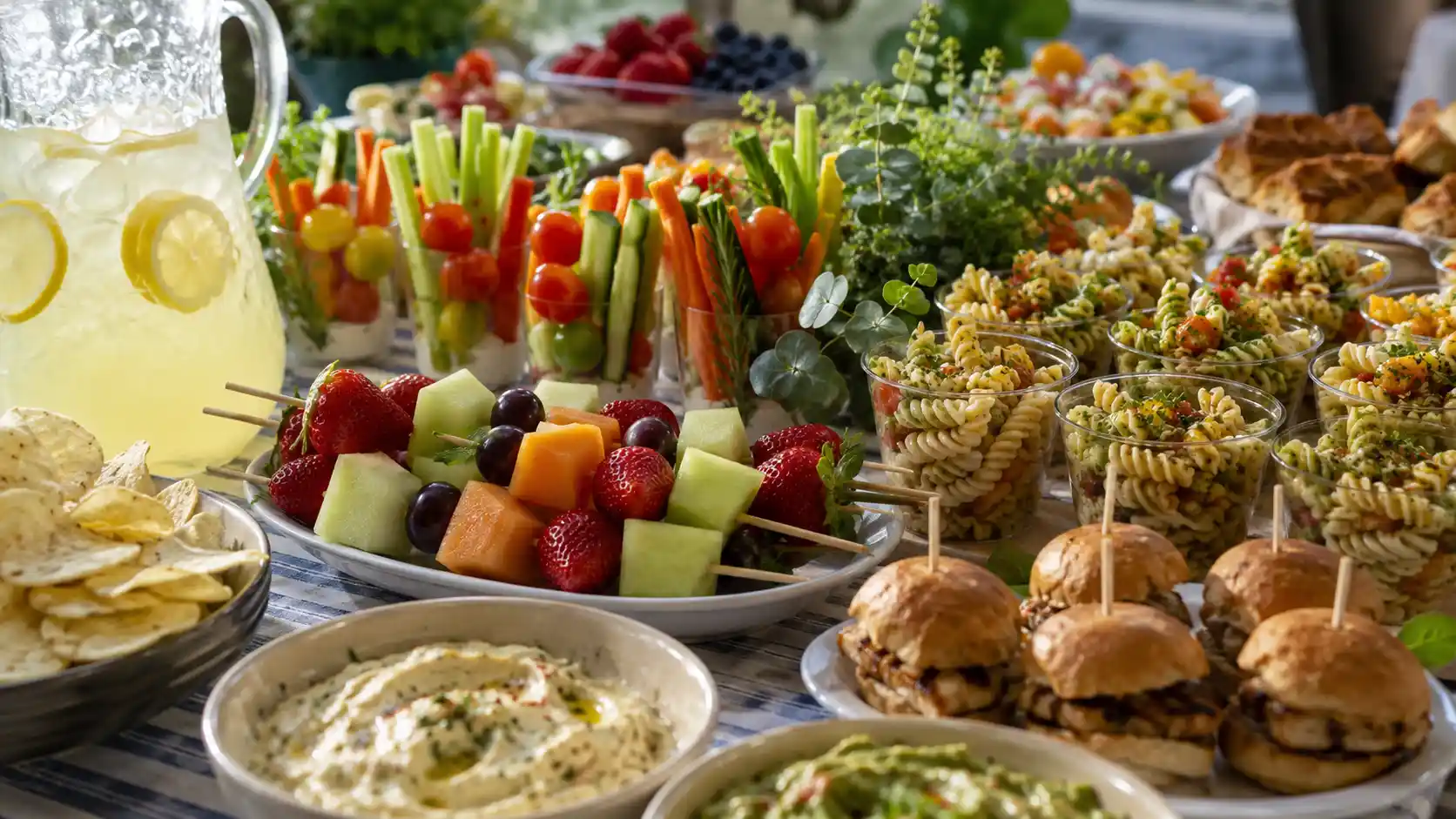 Pool party food ideas spread with fruit skewers, pasta salad cups, veggie cups, sliders, lemonade, and cold snacks
