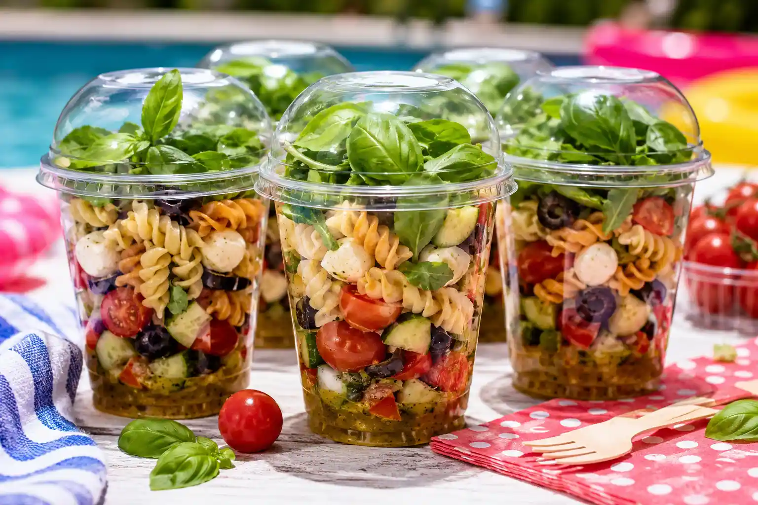 Pool Party Pasta Salad Cups served in clear cups on a sunny outdoor table