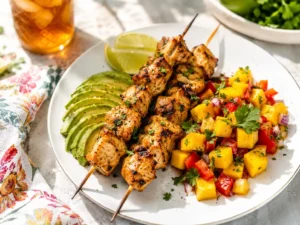 Quick summer dinner recipes featuring grilled chicken skewers with mango salsa and avocado.