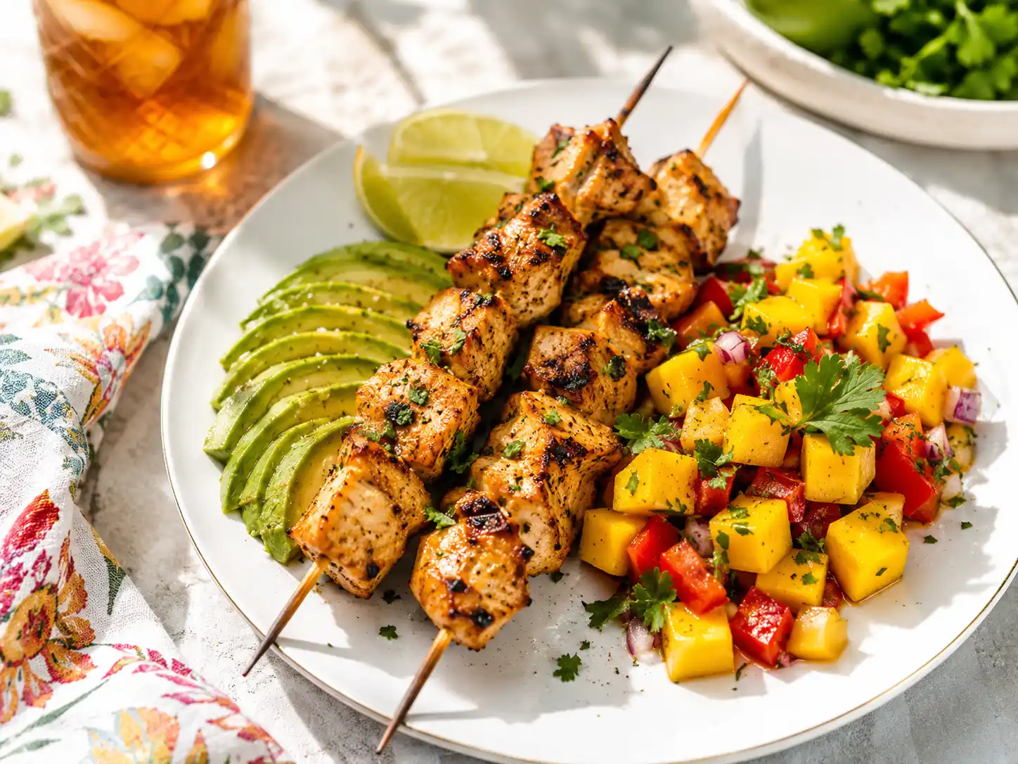 Quick summer dinner recipes featuring grilled chicken skewers with mango salsa and avocado.