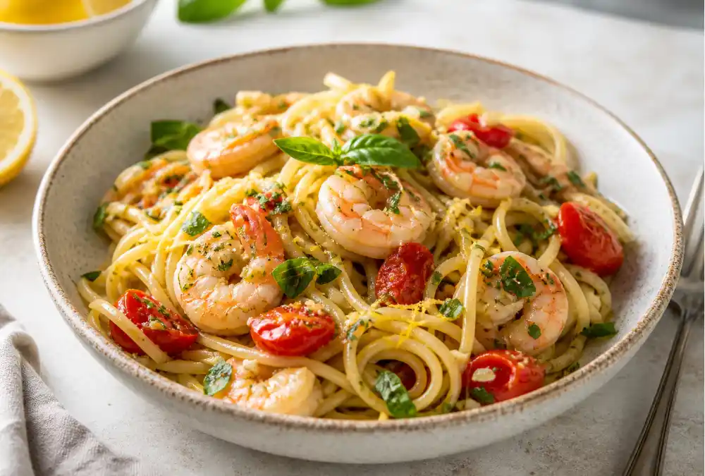 Garlic shrimp pasta with cherry tomatoes, herbs, and lemon in a shallow bowl