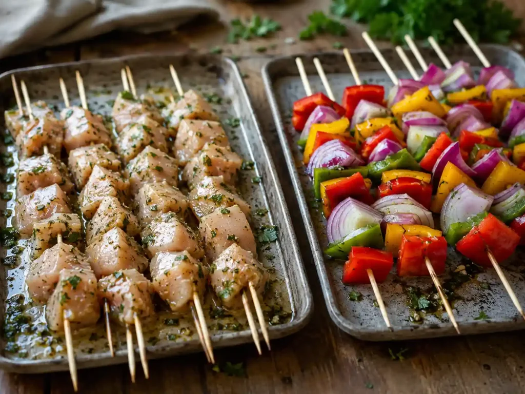 Raw chicken skewers and raw vegetable skewers placed on separate trays before grilling to ensure even cooking.
