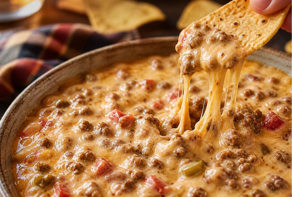 A tortilla chip dipping into a bowl of warm, creamy Rotel dip made with ground beef and melted cheese.