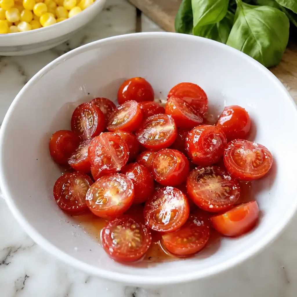 Halved cherry tomatoes salted in a bowl to make tomato corn salad dressing