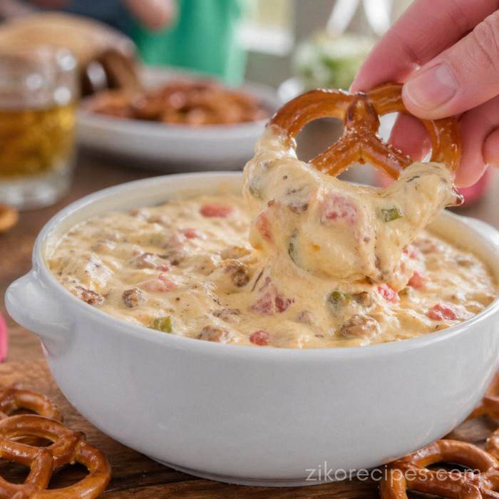 A thick, creamy Rotel dip made with cream cheese and spicy sausage served with pretzels.