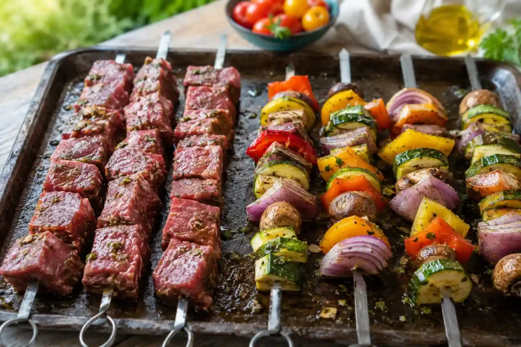Steak and vegetables on separate skewers before grilling for better steak kabobs
