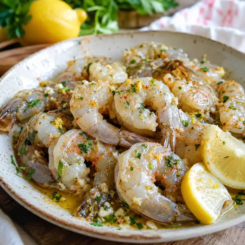 Shrimp kabob marinade with olive oil, lemon, garlic, herbs, and paprika