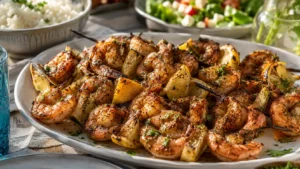 Shrimp kabobs on the grill with lemon, herbs, and summer sides