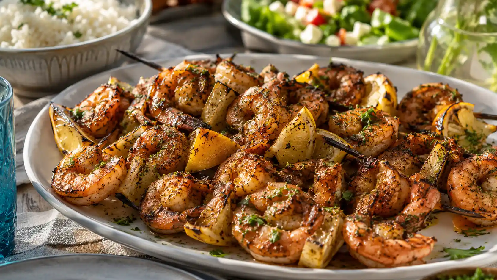 Shrimp kabobs on the grill with lemon, herbs, and summer sides