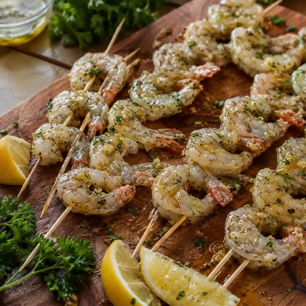 Raw shrimp skewers threaded in a C shape and ready for the grill