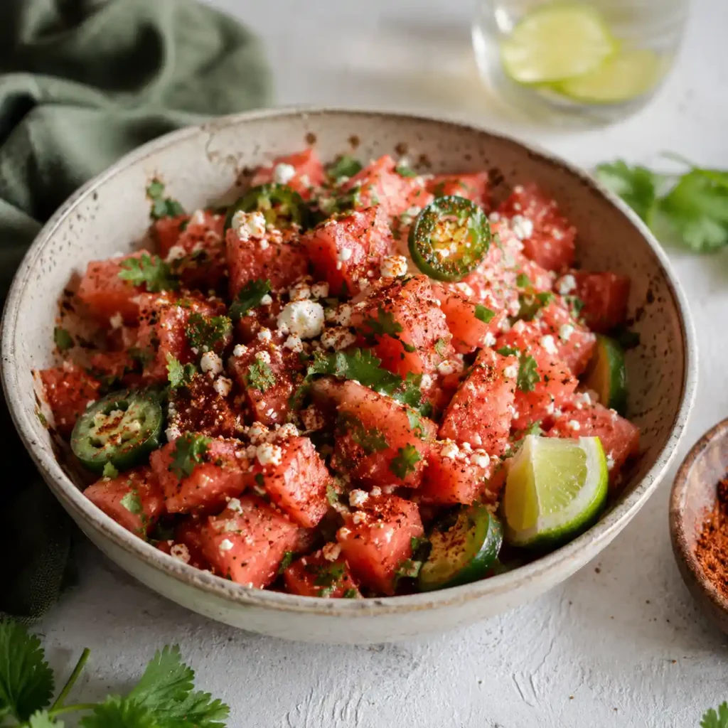 Spicy watermelon salad with jalapeño, cilantro, Tajín, lime, and cotija cheese
