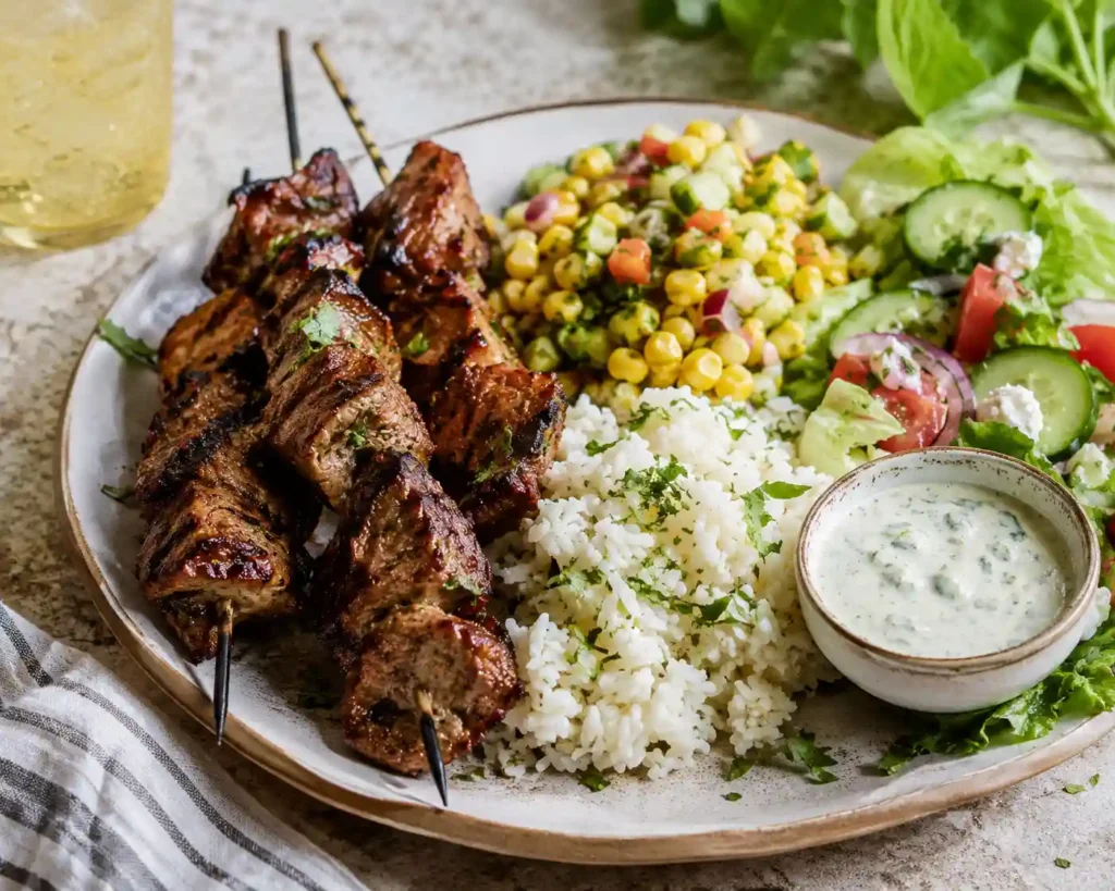 Steak kabobs served with corn salad, rice, and fresh summer salad
