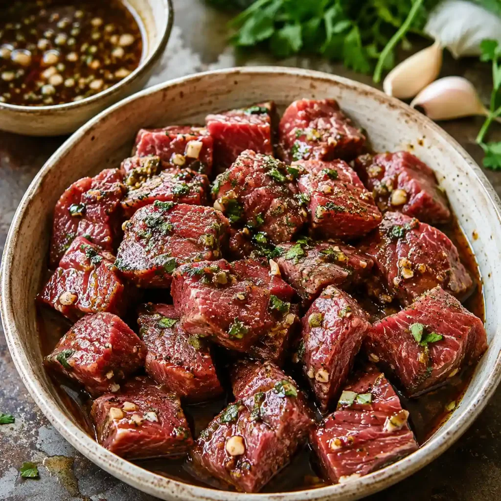 Steak cubes in garlic balsamic marinade for grilled steak kabobs