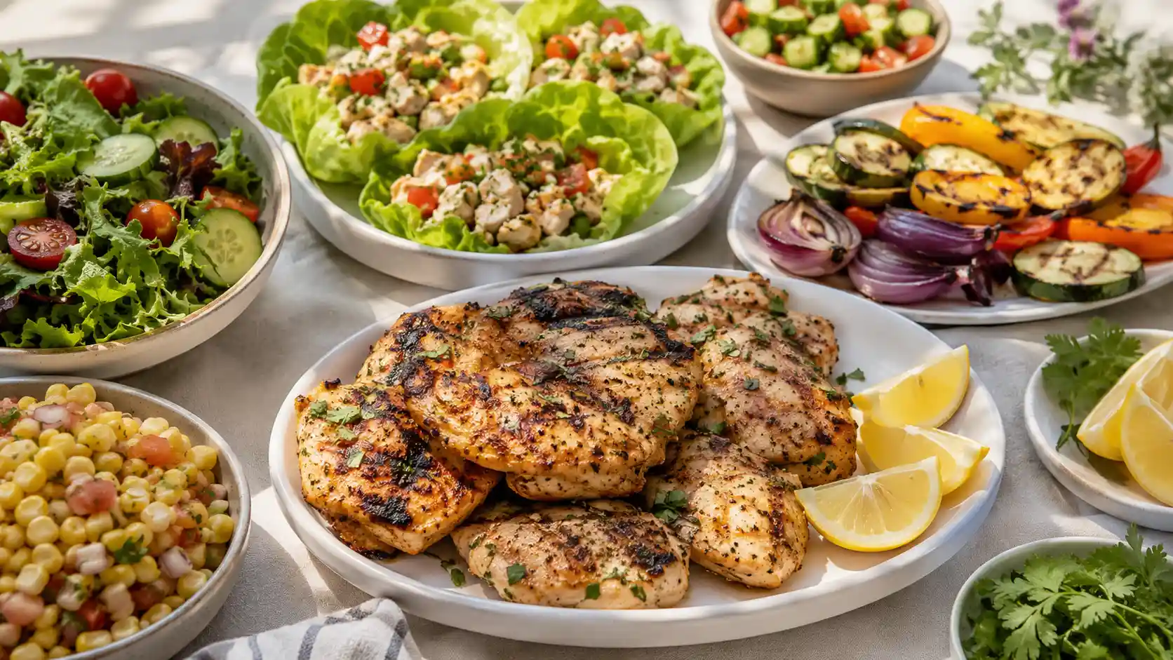 Summer chicken dinner recipes with grilled chicken, lettuce wraps, fresh salads, grilled vegetables, and lemon herb chicken on a bright table