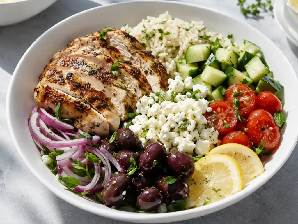 Summer chicken bowl with grilled chicken, rice, cucumbers, tomatoes, feta, olives, herbs, and lemon dressing
