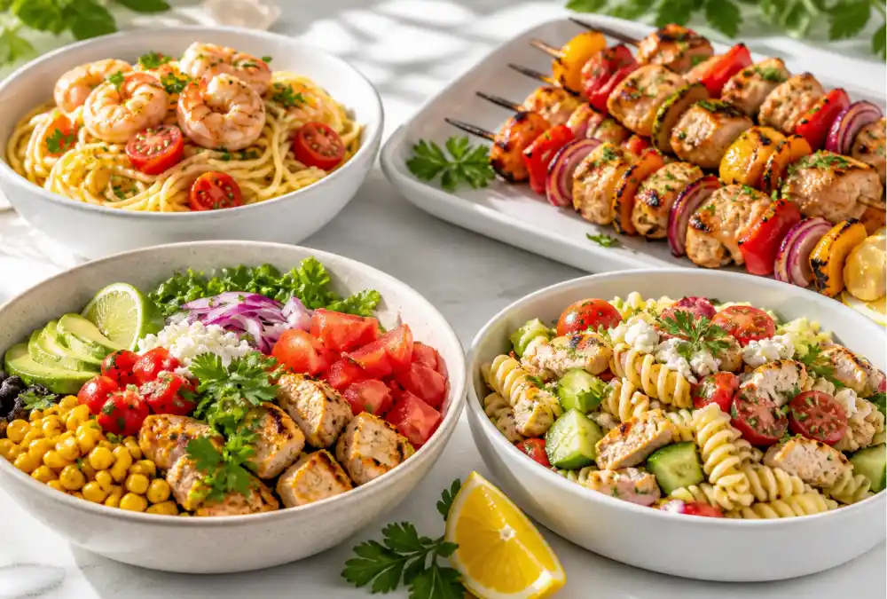 A variety of summer dinner ideas including grilled chicken, shrimp pasta, taco bowls, and pasta salad