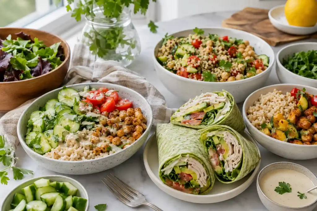 Healthy summer meal prep with turkey avocado wraps, quinoa veggie bowls, and brown rice bowls