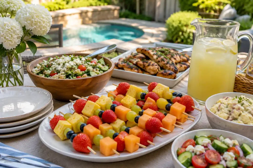 Summer party table with fruit skewers, salads, grilled chicken, lemonade, and cold side dishes