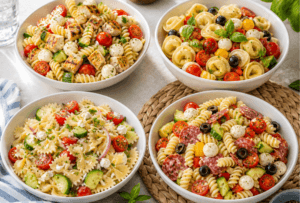 Four summer pasta salad recipes with grilled chicken, tortellini, cucumber tomato, and Italian pasta salad