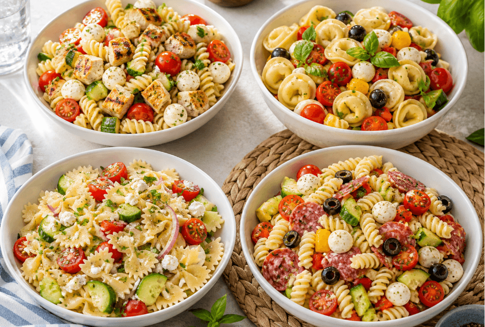Four summer pasta salad recipes with grilled chicken, tortellini, cucumber tomato, and Italian pasta salad