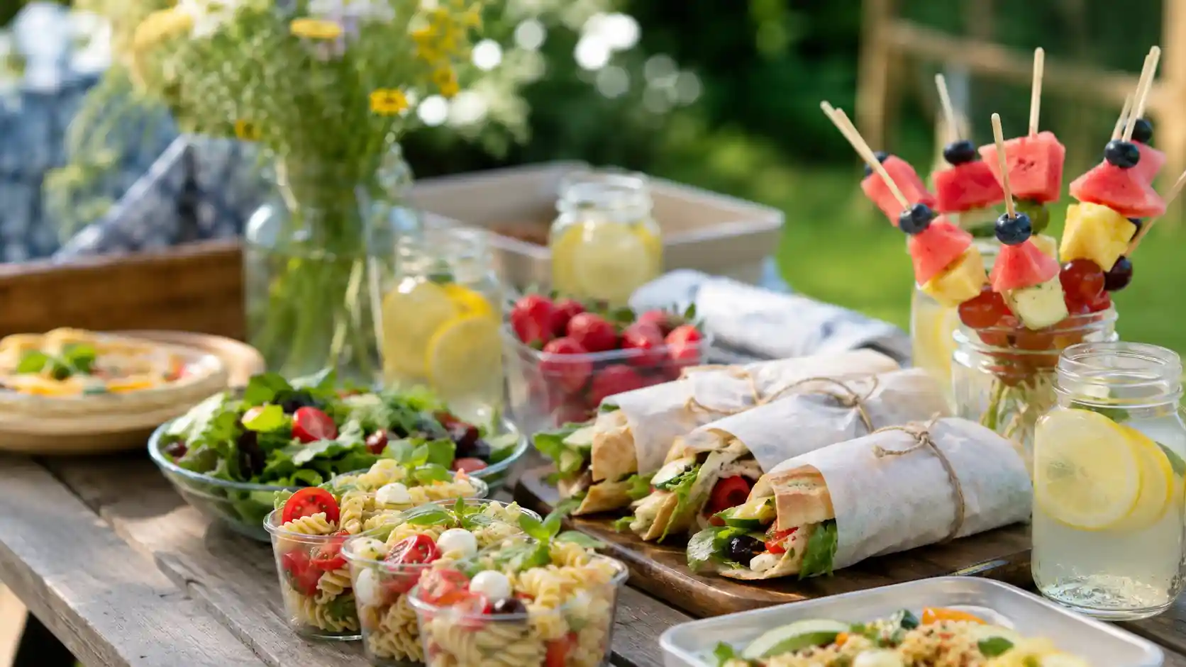 Summer picnic food ideas with sandwiches, fresh salads, fruit, lemonade, snacks, and picnic containers on an outdoor table