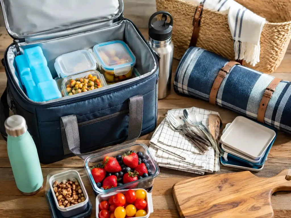 Picnic packing checklist with cooler, ice packs, napkins, utensils, water bottles, containers, and summer picnic food