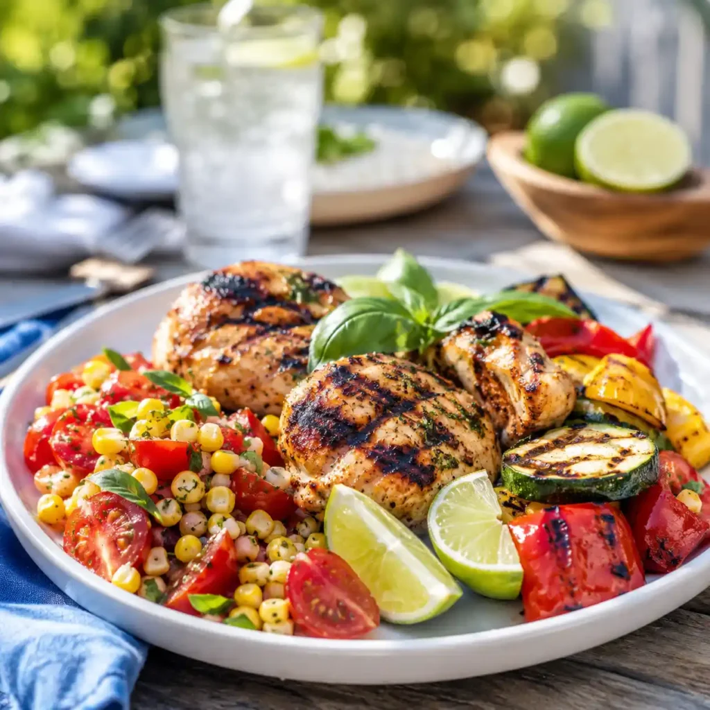 Tomato corn salad served as a summer cookout side dish with grilled chicken and vegetables