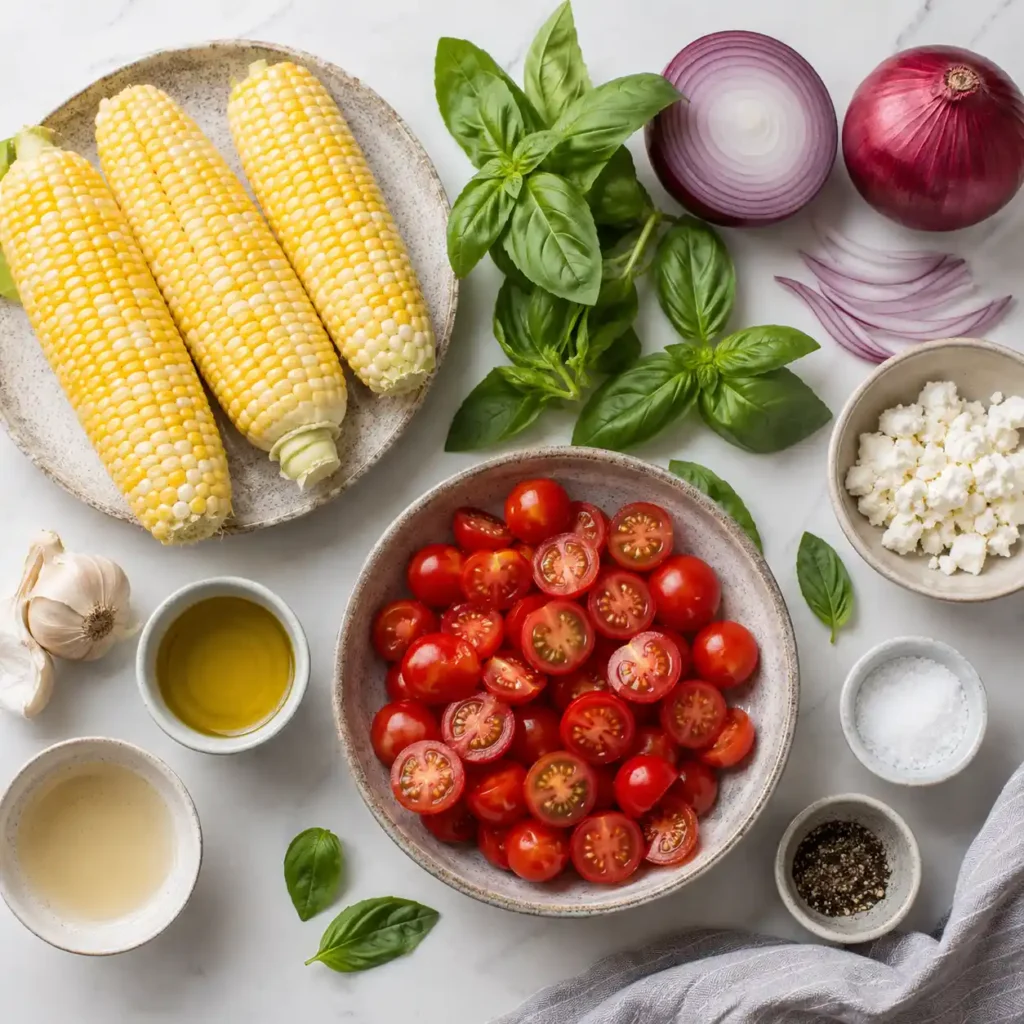 Ingredients for tomato corn salad with fresh corn, cherry tomatoes, basil, red onion, olive oil, vinegar, garlic, and feta