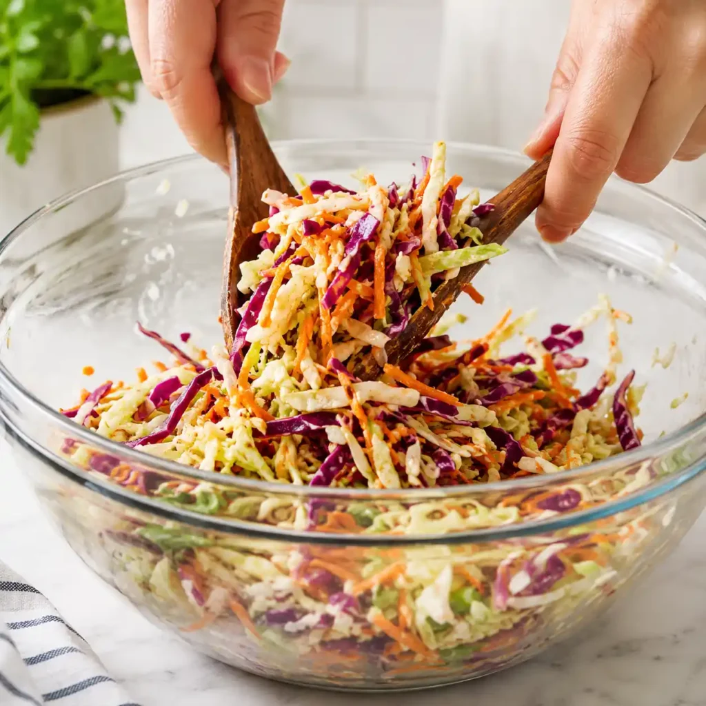 Tossing shredded cabbage with no mayo coleslaw dressing