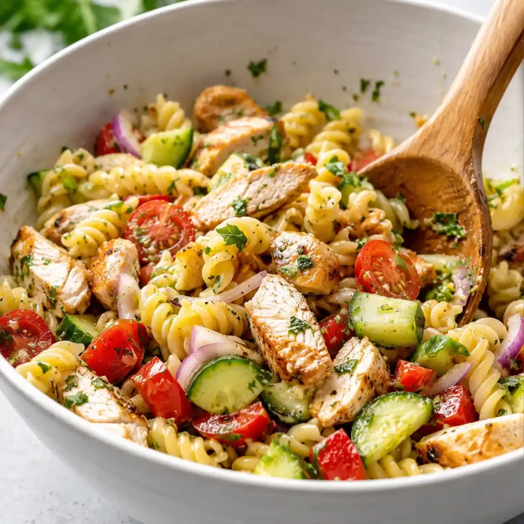 Pasta salad with grilled chicken being tossed with lemon herb dressing