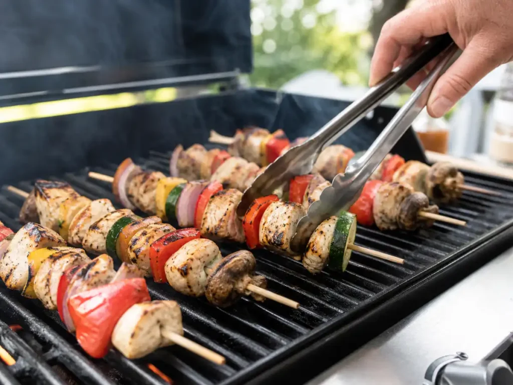 Hand using tongs to turn kabobs on a hot outdoor grill