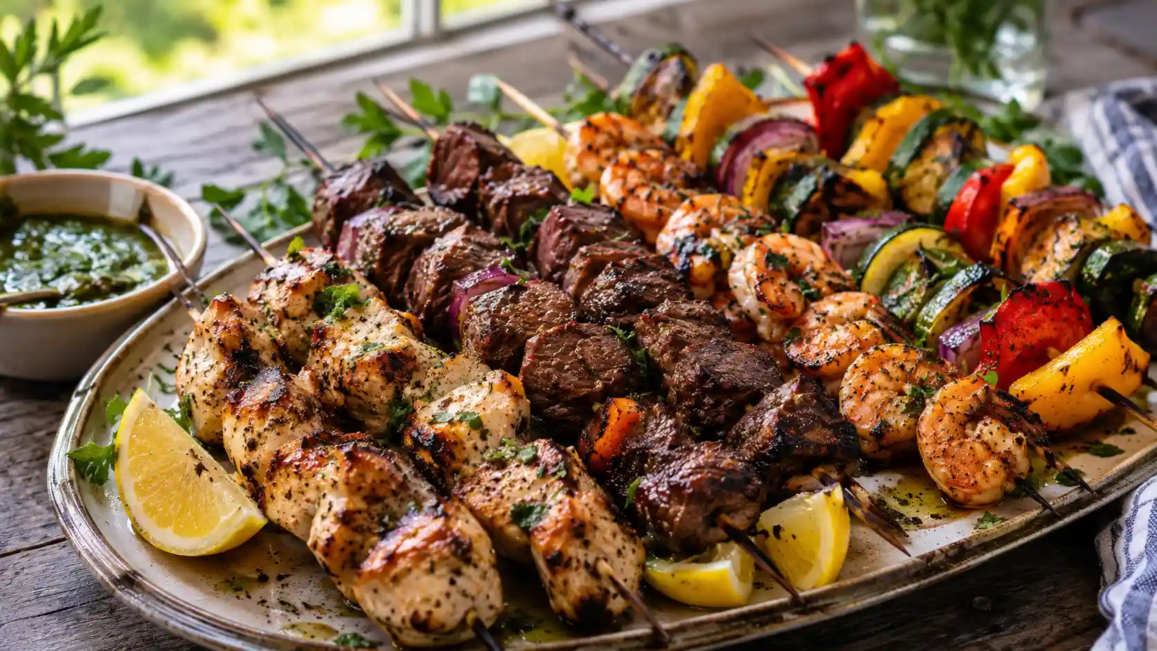 A platter of grilled beef, chicken, and shrimp kabobs made with a universal kabob marinade.