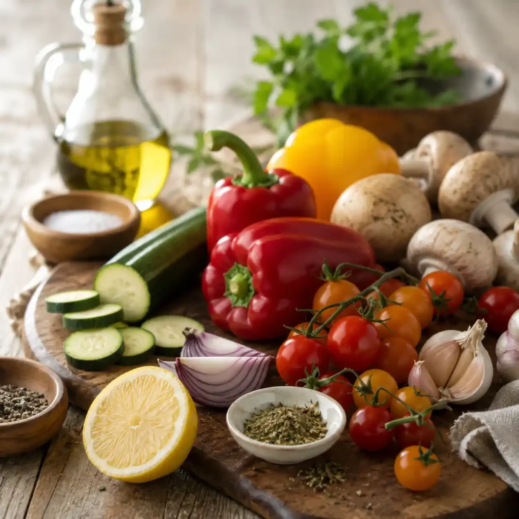 Fresh vegetables and seasoning for grilled vegetable kabobs