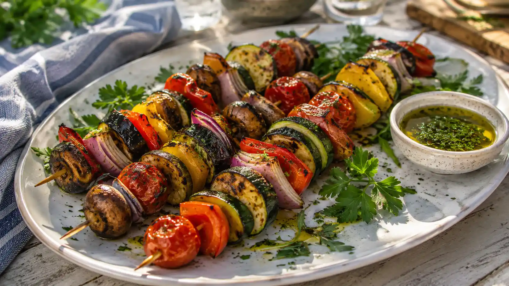 Vegetable kabobs on the grill with zucchini, bell peppers, mushrooms, onions, and cherry tomatoes