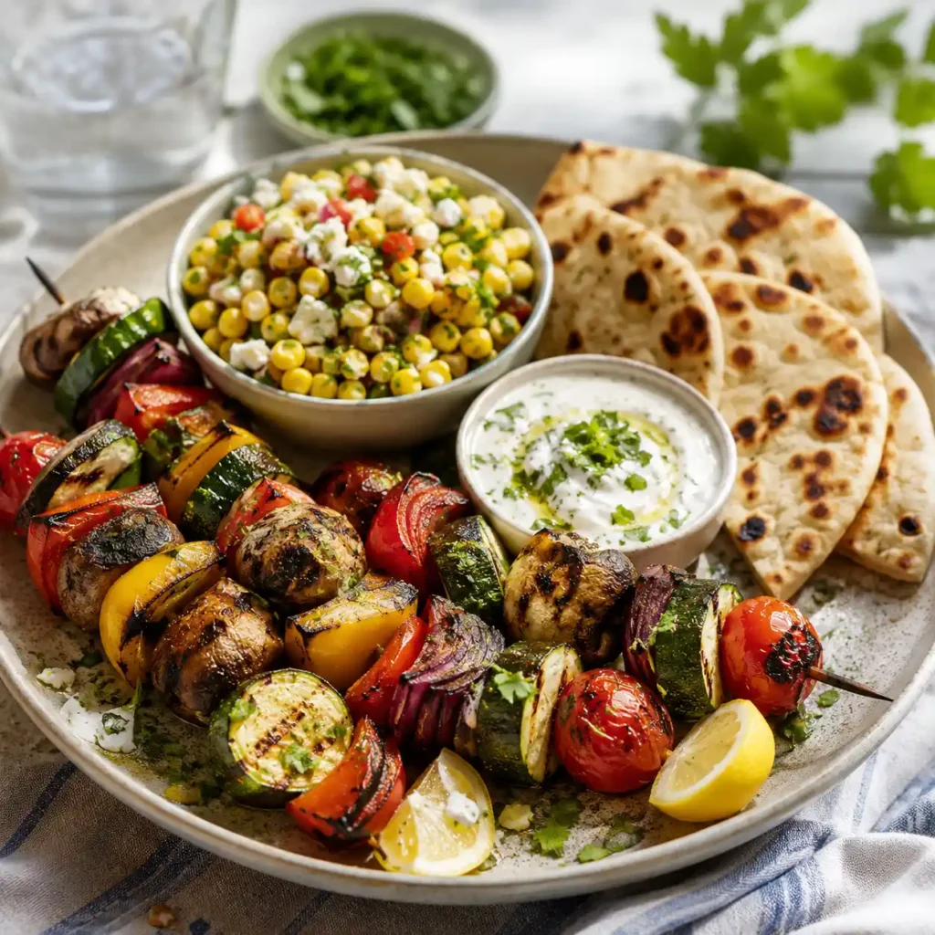 Grilled vegetable kabobs served with corn salad, pita, and dipping sauce