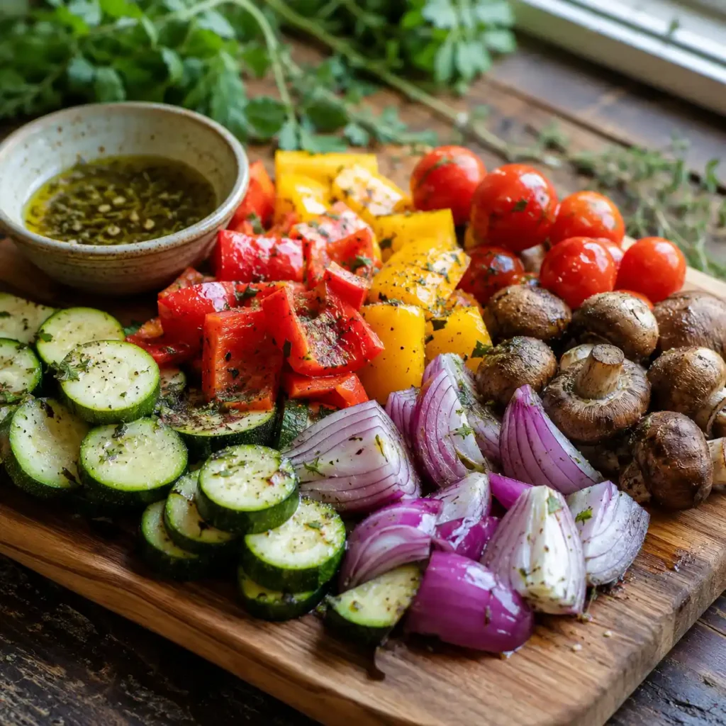 Vegetables cut into even pieces for kabobs before grilling