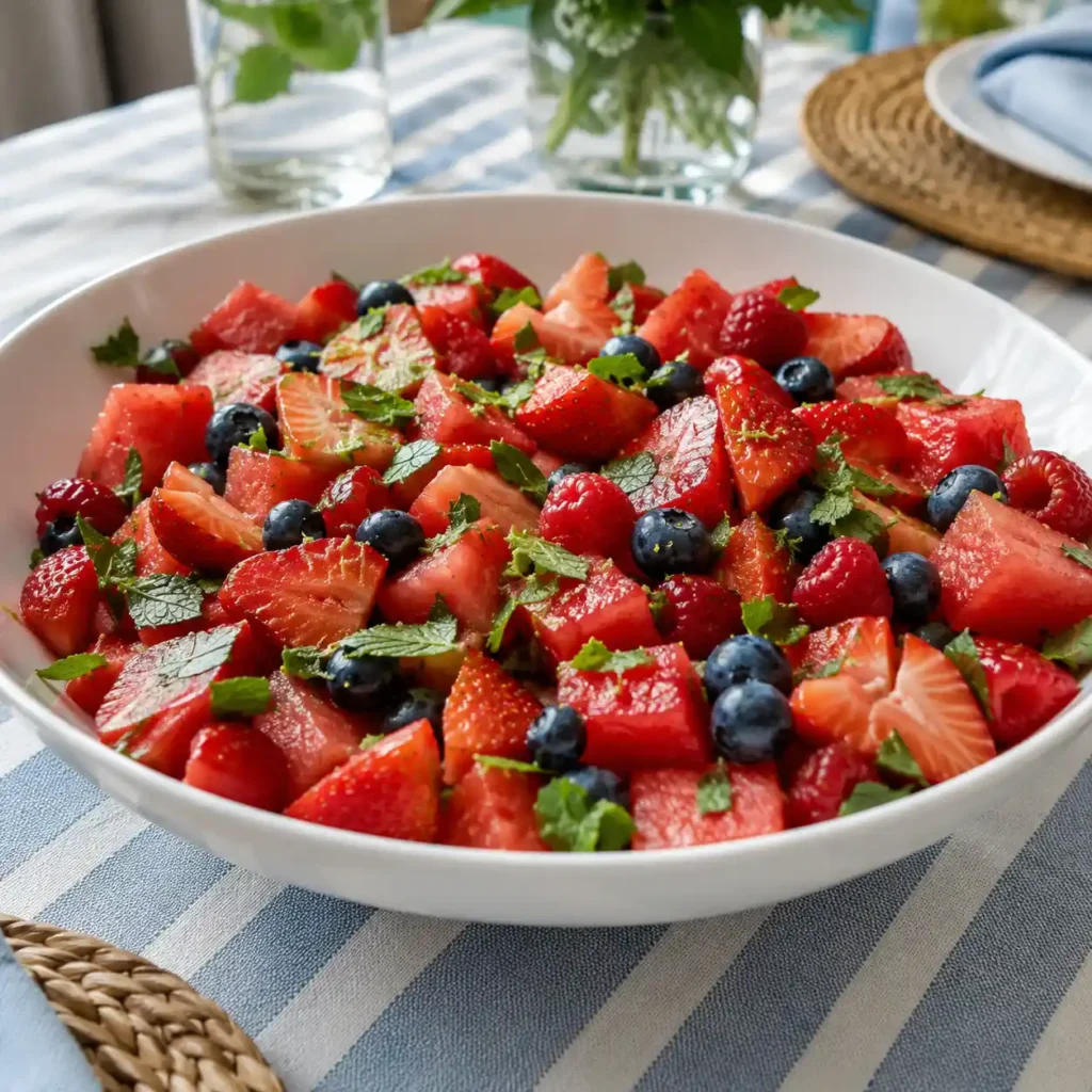 Watermelon berry salad with strawberries, blueberries, raspberries, mint, and lime