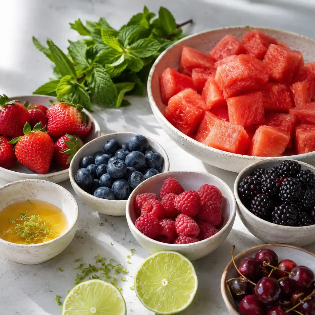 Fresh ingredients for watermelon berry salad with berries, mint, lime, and watermelon