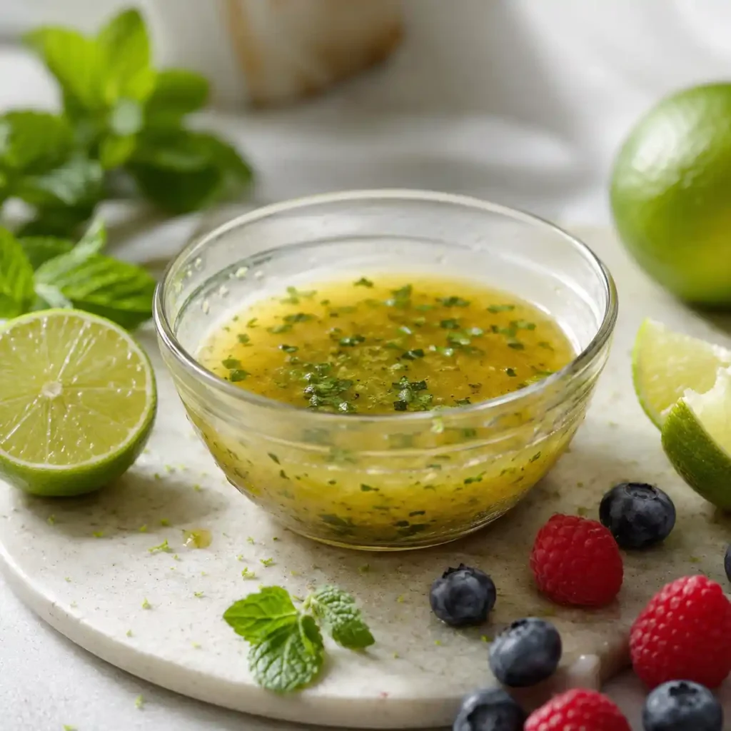 Honey lime dressing for watermelon berry salad with mint and lime zest