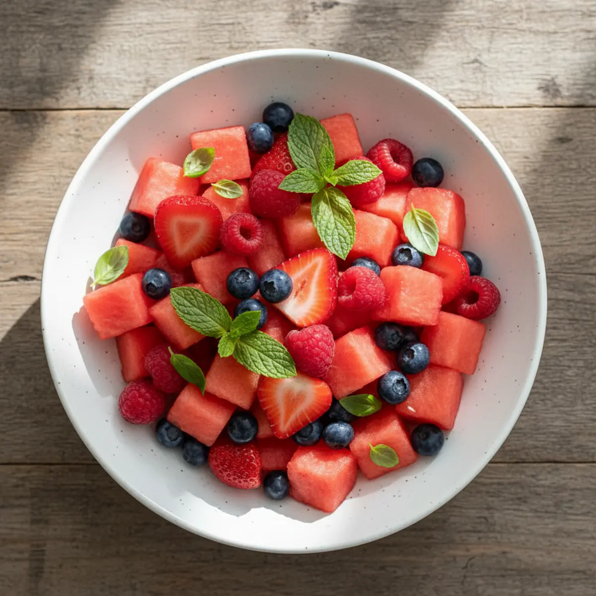 Fresh watermelon berry salad served in a bowl with garnish