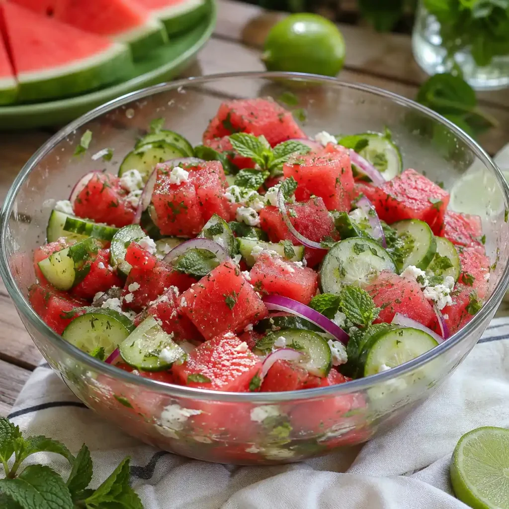 Watermelon cucumber salad with Persian cucumber slices, feta, mint, and lime dressing