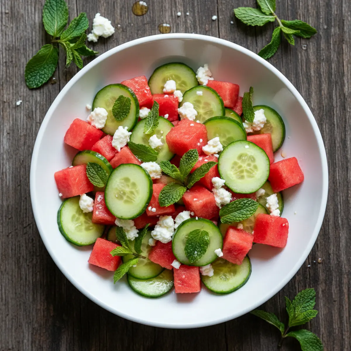 Fresh watermelon cucumber salad served in a bowl with garnish