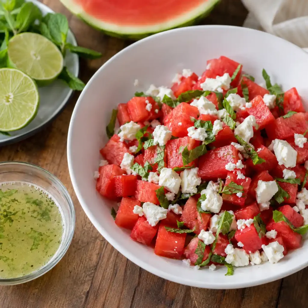 Watermelon feta salad being assembled with feta, mint, and lime dressing