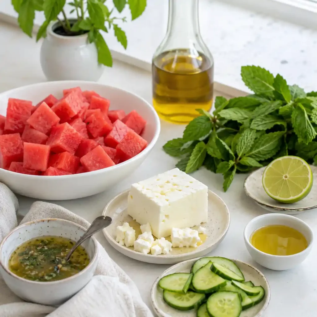 Fresh ingredients for watermelon feta salad with mint, lime, feta, and cucumber