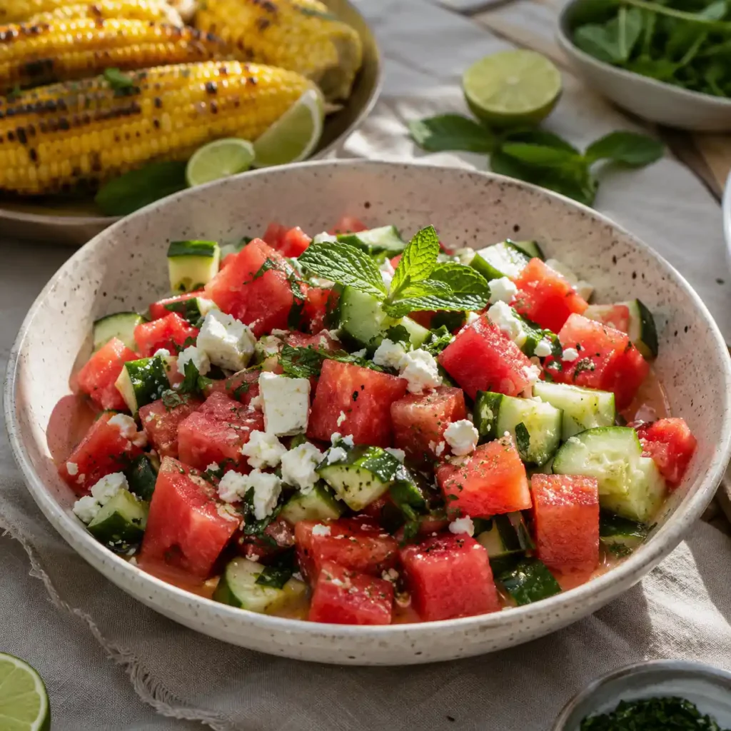 Watermelon salad for BBQ with feta, cucumber, mint, lime dressing, and grilled corn nearby