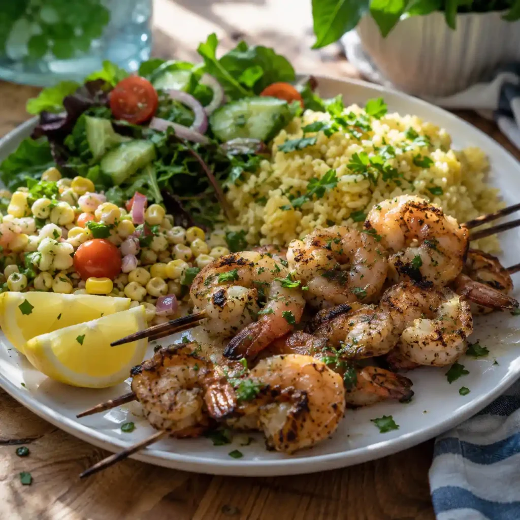 Grilled shrimp kabobs served with rice, corn salad, lemon, and fresh summer sides