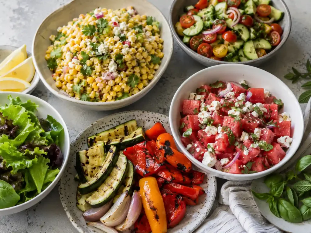 Summer side dishes for chicken including corn salad, cucumber tomato salad, watermelon salad, grilled vegetables, and green salad