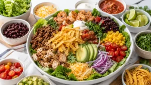 Colorful taco salad spread with romaine, seasoned beef, chicken, shrimp, black beans, corn, avocado, tomatoes, cheese, lime, and tortilla strips.