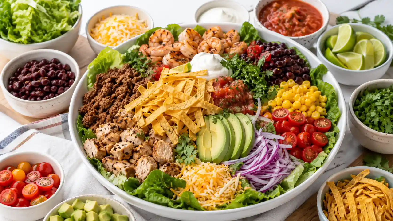 Colorful taco salad spread with romaine, seasoned beef, chicken, shrimp, black beans, corn, avocado, tomatoes, cheese, lime, and tortilla strips.